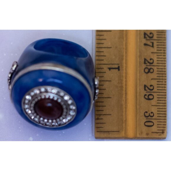 Size 8, Vintage Bead Blue Circle Clear Rhinestones Silver Tone Band Ring | J30 - Picture 3 of 3